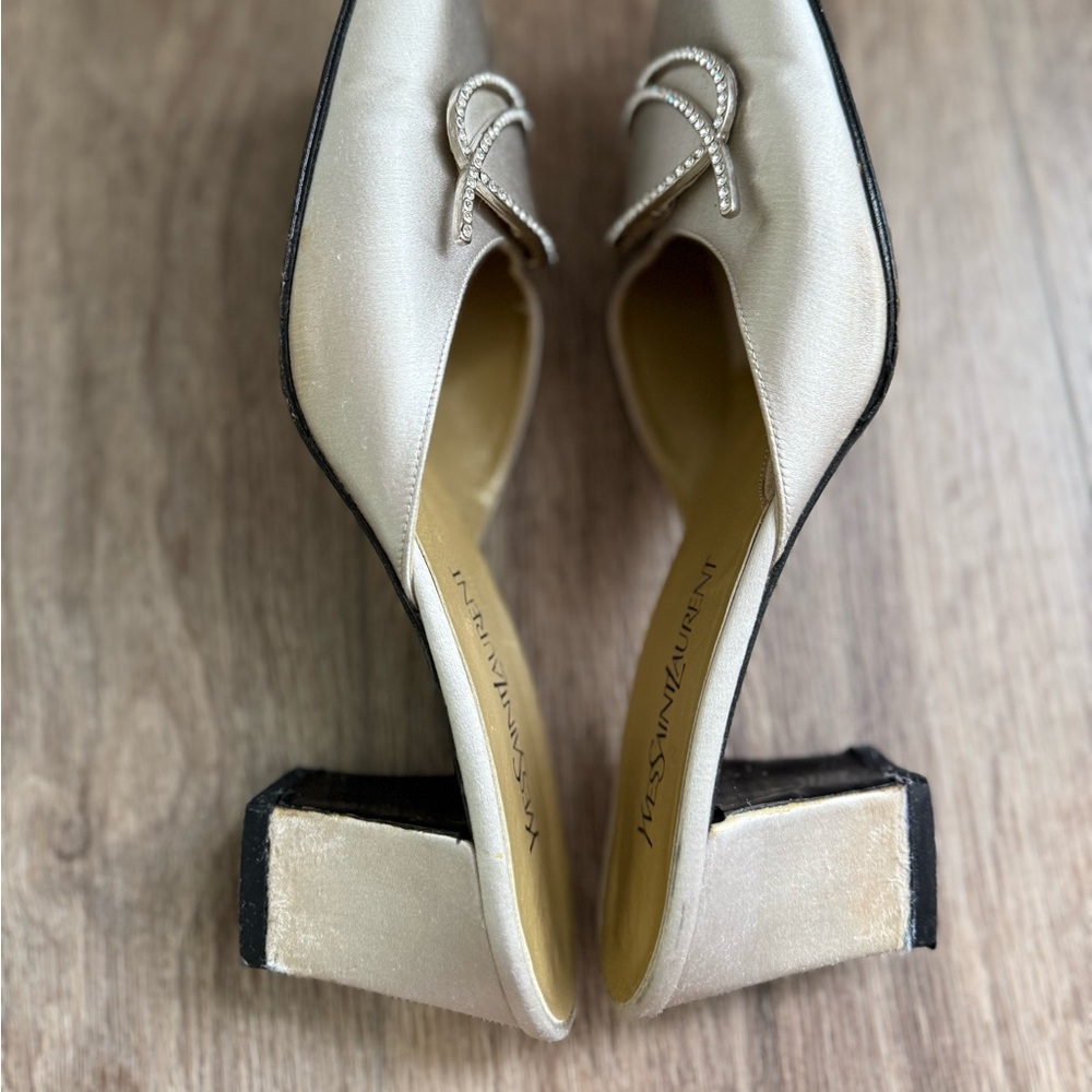 Yves Saint Laurent Ivory Satin Crystal-Trim Slip-On Mules - Picture 8 of 13